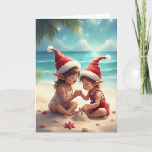 Elf Kids on the Beach – Christmas Sandcastle Card カード (正面)