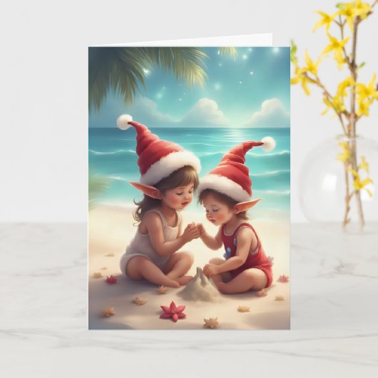 Elf Kids on the Beach – Christmas Sandcastle Card カード (黄色い花)