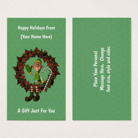 Elf On Wreath Christmas Holiday Gift Card Tag (正面&裏面)