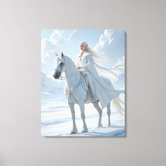 Elf Queen Riding a Majestic White Horse キャンバスプリント (正面)
