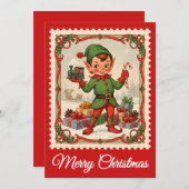Elf | Retro Postage Stamp Christmas Card シーズンカード (正面/裏面)