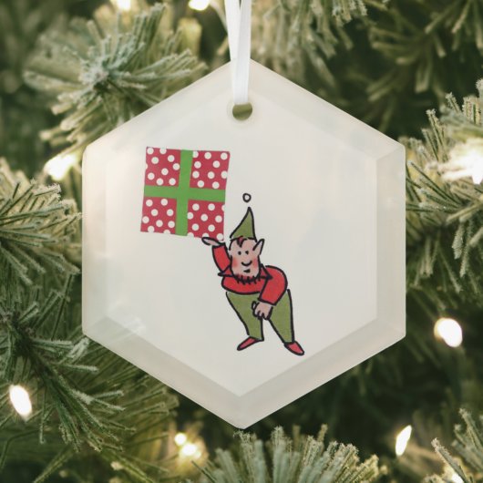 Elf With Polka Dot Gift hexagon glass ornament ガラスオーナメント (インサイチュ)
