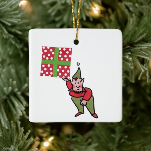 Elf With Polka Dot Gift square ceramic ornament セラミックオーナメント (ツリー)