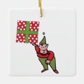 Elf With Polka Dot Gift square ceramic ornament セラミックオーナメント (正面)