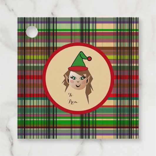 Elfie w/round Plaid pattern backgroundデザイン フェイバータグ (正面)