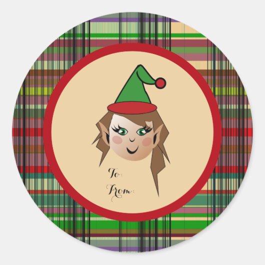 Elfie w/round Plaid pattern backgroundデザイン ラウンドシール (正面)