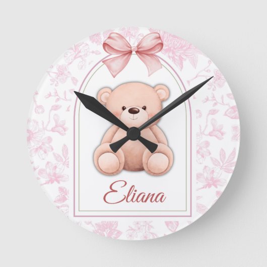 Eliana | Custom Pink Teddy Bear Nursery Design ラウンド壁時計 (正面)