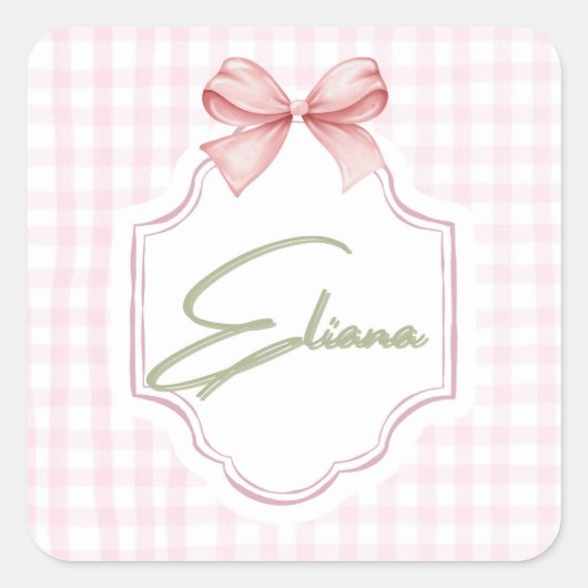 Eliana Personalized Pink Bow & Gingham Print  スクエアシール (正面)