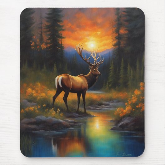 Elk at Rocky Mountain Stream Beautiful 絵画's マウスパッド (正面)