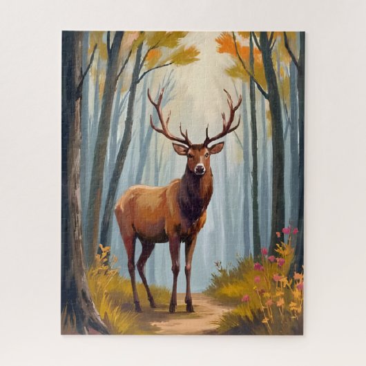 Elk Forest Watercolor Landscape ジグソーパズル (縦)