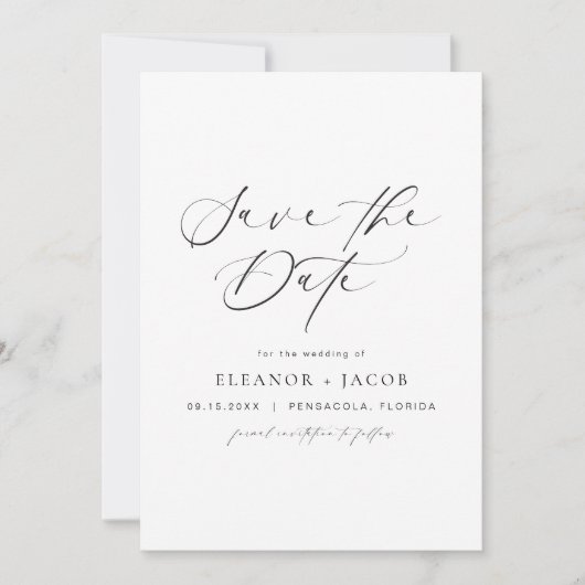 ELLAミニマルエレガントリストスクリプト写真の日付の保存 招待状 (正面)