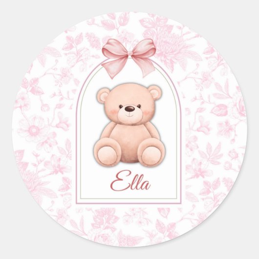 Ella | オーダーメイド ピンクのテディベアの保育園デザイン ラウンドシール (正面)