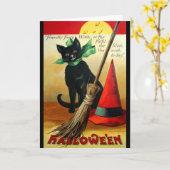 Ellen H. Clapsaddle：黒猫、ほうき、帽子 カード (黄色い花)