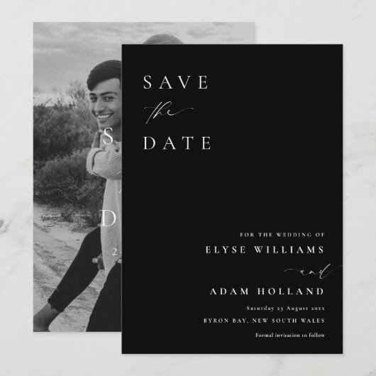 Ellesmere Black Minimalist Wedding Save The Date 招待状 (正面/裏面)