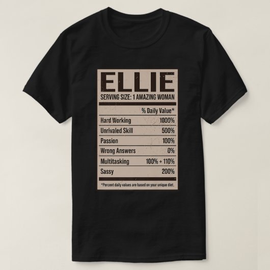 Ellie Nutrition Facts Name Nickname Alias Title Fo Tシャツ (デザイン正面)