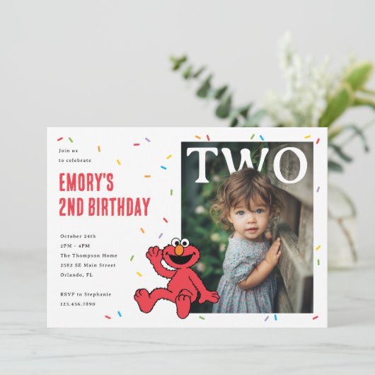 Elmo Red Confetti Second Birthday 招待状 (スタンド正面)