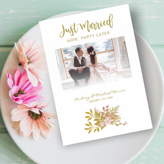 Elopement Photo Wedding Elegant Floral Fake Golden 招待状