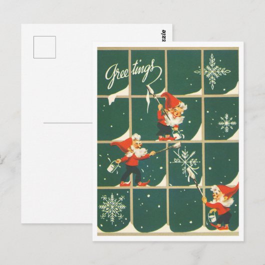 Elves Christmas Holiday Decorating Window Retro ポストカード (正面/裏面)