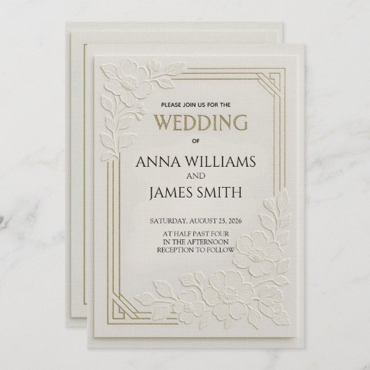 Embossed Art Deco Floral Wedding 招待状 (正面/裏面)