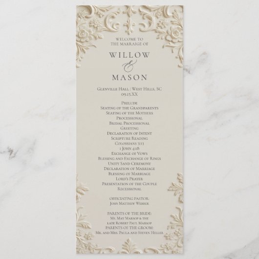 Embossed Baroque Ivory Wedding Program プログラム (正面)