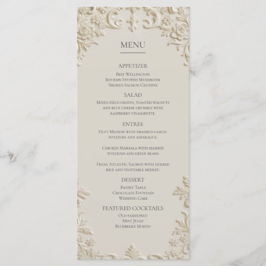 Embossed Elegant Ivory Floral Wedding Menu メニュー (正面)
