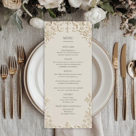 Embossed Elegant Ivory Floral Wedding Menu メニュー