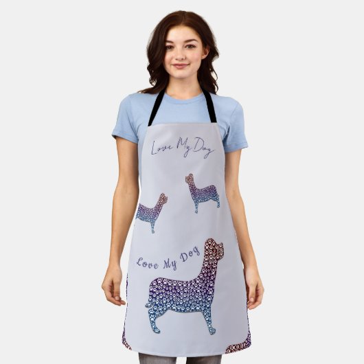 Embossed Indigo Gradient Paw Print Dog Outline エプロン (着用した状態)