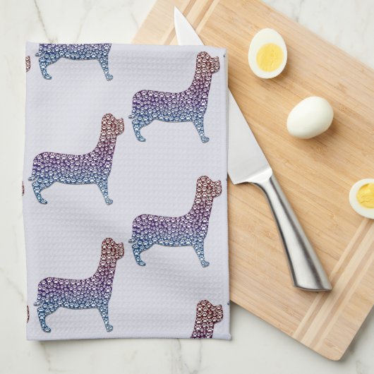 Embossed Indigo Gradient Paw Print Dog Outline キッチンタオル (四つ折り)