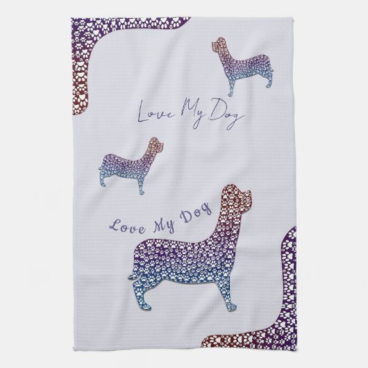Embossed Indigo Gradient Paw Print Dog Outline キッチンタオル (縦)
