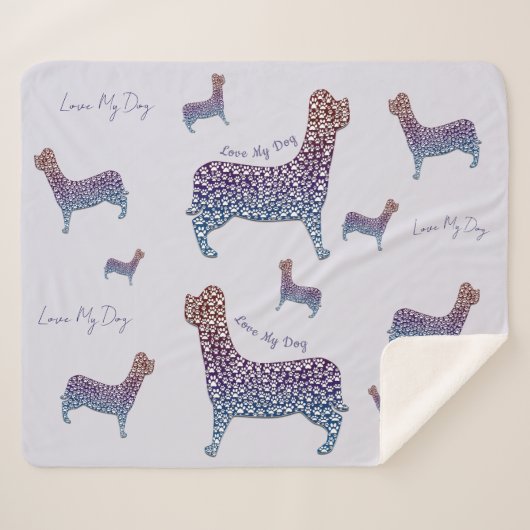 Embossed Indigo Gradient Paw Print Dog Outline シェルパブランケット (正面(横))