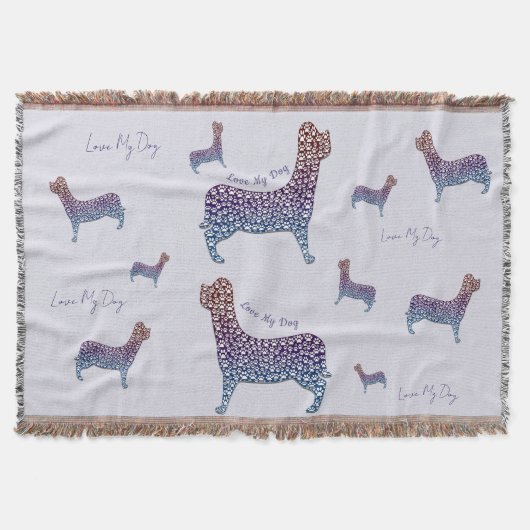 Embossed Indigo Gradient Paw Print Dog Outline スローブランケット (正面)