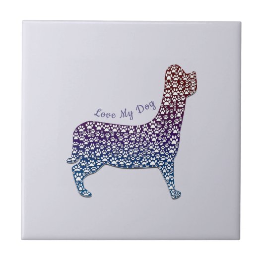 Embossed Indigo Gradient Paw Print Dog Outline タイル (正面)