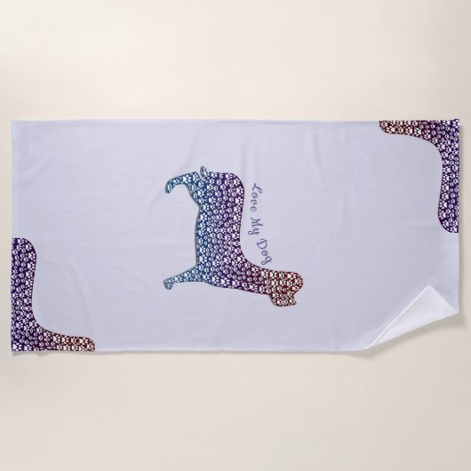 Embossed Indigo Gradient Paw Print Dog Outline ビーチタオル (正面)