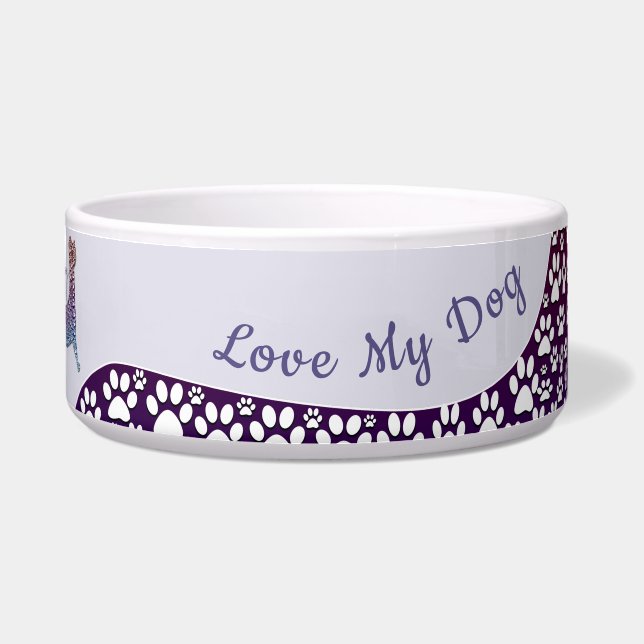 Embossed Indigo Gradient Paw Print Dog Outline ボウル (正面)