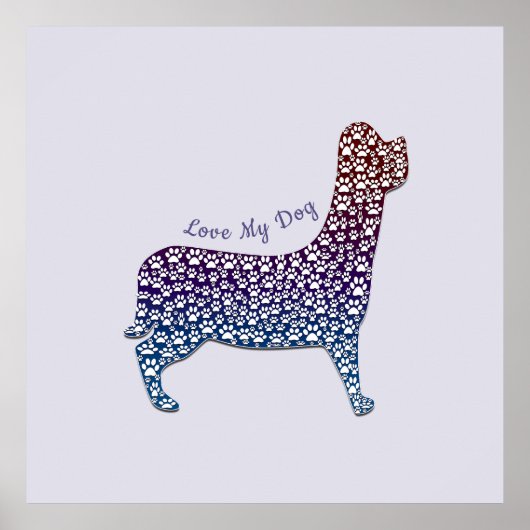Embossed Indigo Gradient Paw Print Dog Outline ポスター (正面)