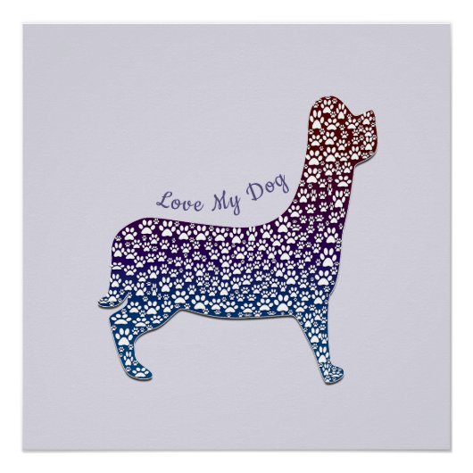 Embossed Indigo Gradient Paw Print Dog Outline ポスター (正面)