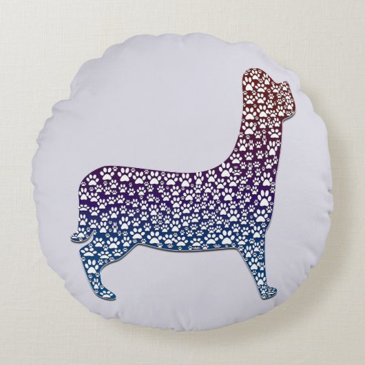 Embossed Indigo Gradient Paw Print Dog Outline ラウンドクッション (正面)