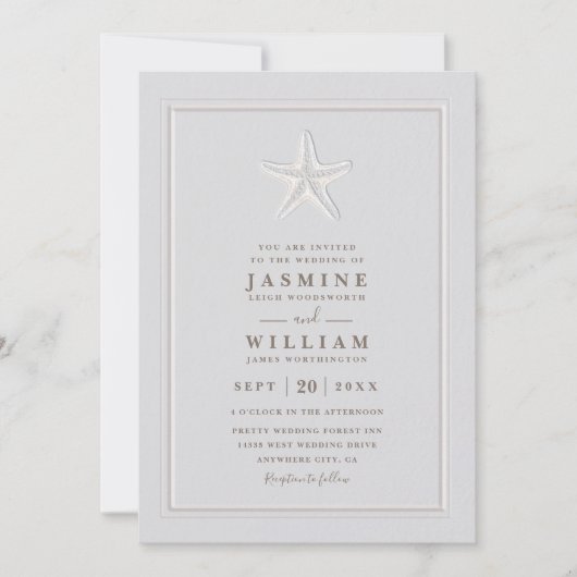 Embossed Starfish Coastal Formal QR Code Wedding 招待状 (正面)
