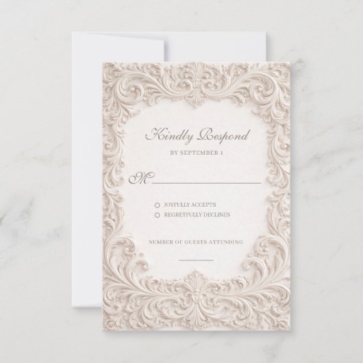 Embossed Style Ivory Rococo Scroll Wedding 出欠カード (正面)