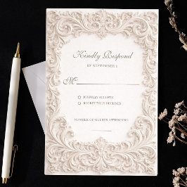 Embossed Style Ivory Rococo Scroll Wedding 出欠カード