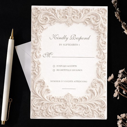 Embossed Style Ivory Rococo Scroll Wedding 出欠カード