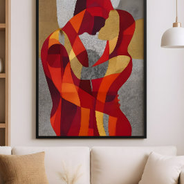 Embrace Me – Abstract Lovers Art in Red & Gold ポスター