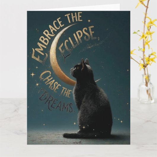 "Embrace the Eclipse" Celestial Cat Illustration カード (黄色い花)