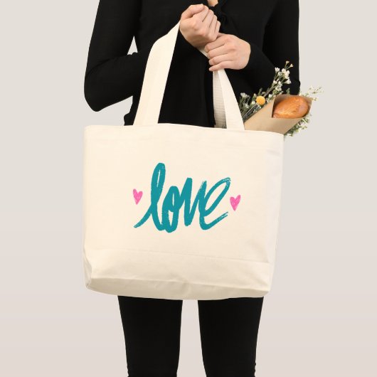 Embrace The Love Turquoise Pink Heart Tote Bag ラージトートバッグ (正面(商品))