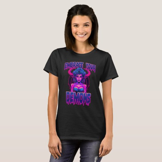 Embrace Your Inner Demon 80s Death Metal Succubus Tシャツ (正面フル)
