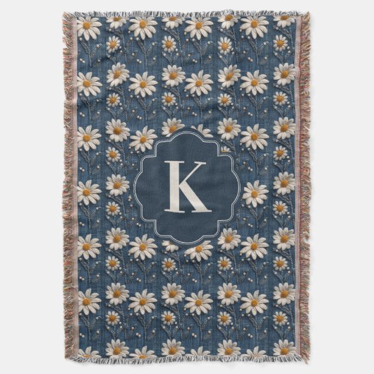 Embroidered Daisy Denim Blanket | Monogram スローブランケット (正面縦)
