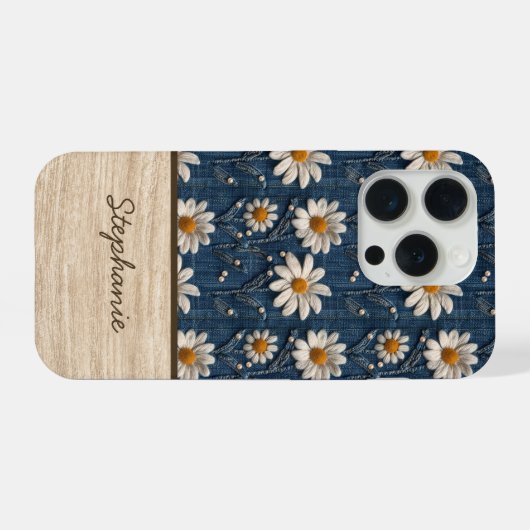 Embroidered Daisy Denim Phone Case with Name iPhoneケース (裏面横)