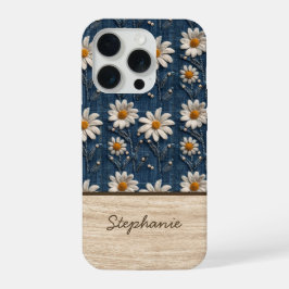 Embroidered Daisy Denim Phone Case with Name iPhone 15 Proケース