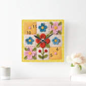 Embroidered Flower Patchwork Quilt スクエア壁時計 (ホーム)