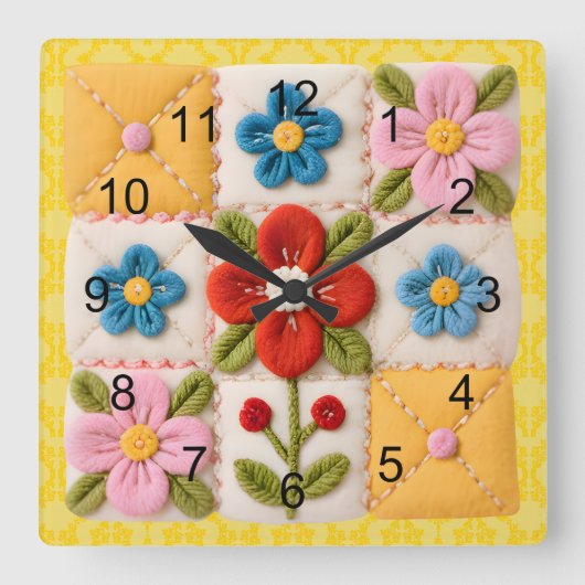 Embroidered Flower Patchwork Quilt スクエア壁時計 (正面)